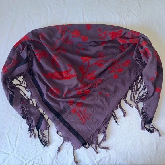 Leigh & Luca - Wrap / Scarf - Cotton and Silk w/ Velvet Flock Bird Flora Motif - Picture 6 of 9